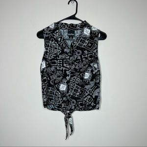 Harry Potter Marauders Map Front Tie Collared Blouse